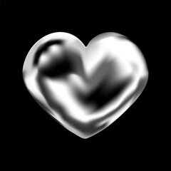 3D Y2K chrome heart in love icon with holographic glow. Abstract metallic figure in liquid and pearl texture. Trendy romantic vector with shiny gradient and futuristic cyber design.
