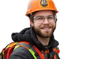 Young male construction worker with safety gear smiling confidently, wearing helmet, glasses, and colorful vest, showcasing safety in the workplace and professionalism