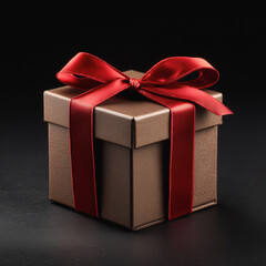 Fototapeta premium Elegant brown gift box with shiny red ribbon on black background lighting