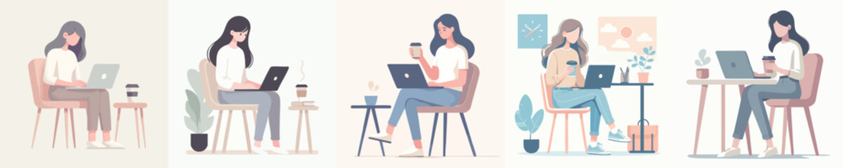Flat Vector Set of Young Women Working on Laptops with Coffee – Cozy Remote Work Scene