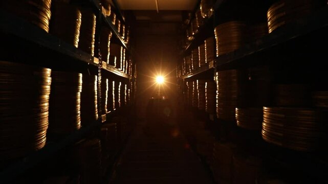 Dark film archive corridor, shelves filled with golden film canisters. A bright light illuminates a classic film reel and old film strip, symbolizing cinematic history and discovery.