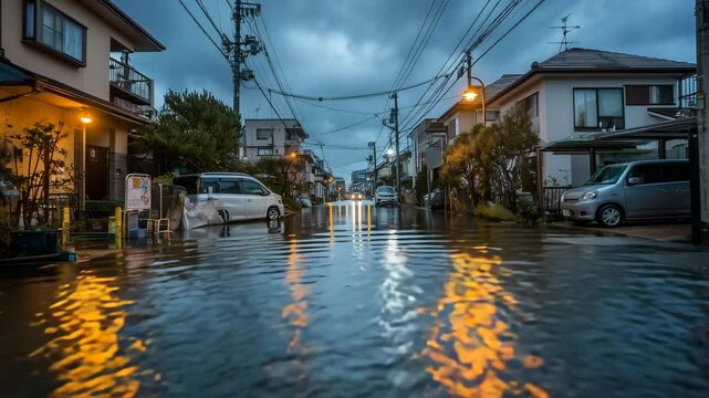 住宅街の浸水被害と水没した車