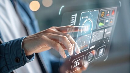 Close Up of Hand Interacting With Floating HUD Interface Suitable for Smart Business Strategy Visuals