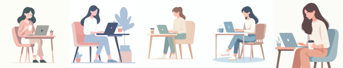 Woman Working Remotely with Laptop and Coffee – Cozy Flat Vector Set