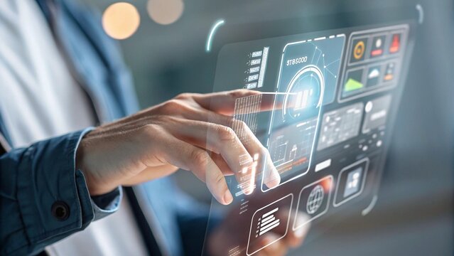 Close Up of Hand Interacting With Floating HUD Interface Suitable for Smart Business Strategy Visuals