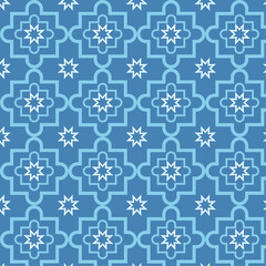 Seamless Blue Islamic Geometric Pattern with Ornate Stars and Cross Motifs