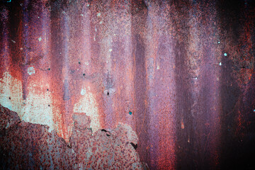 A rusty, weathered corrugated metal surface with peeling paint and rich textures in red, orange, and violet tones.