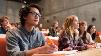 The attentive student taking notes during a university lecture in a modern classroom.