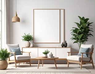 Modern Minimalist Living Room with Blank Vertical Frame Mockup