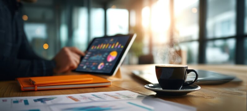 The tablet showcasing data analysis beside a steaming cup of coffee. - Powered by Adobe