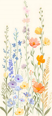 Delicate wildflower meadow art presents a soft and painterly aesthetic with blooms in shades of blue, yellow, orange, and purple, perfect for springtime decorations.