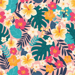 Seamless floral pattern with tropical flowers and leaves. Colorful botanical background with hibiscus, plumeria and monstera. Exotic summer design for fabric, wallpaper and wrapping paper.