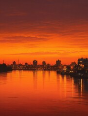 Fototapeta premium A beautiful orange sunset reflects off the calm river as evening dusk settles over the city landscape