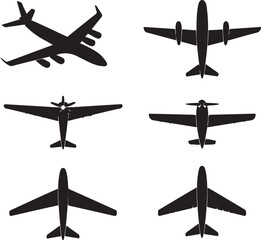 A vector illustration black airplane silhouettes viewed from a top down perspective, arranged on a clean white background