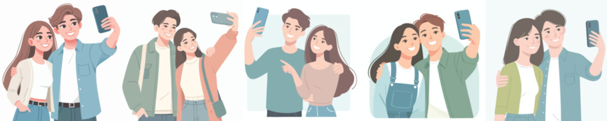 Cute Couples Taking Selfies – Happy Romantic Moments Vector Illustration Set