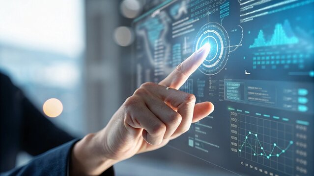 Close Up of Finger Pointing to Holographic Data Display Representing Innovation and Digital Planning