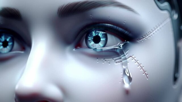 A close-up of a female cyborg with blue eyes shedding a tear.