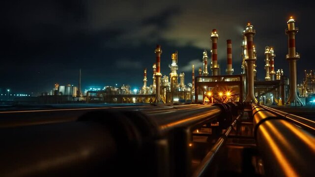 Industrial gas pipeline in oil refinery. Transportation of natural resources, production, power, energy. Night view, factory lights in the background. 4k video
