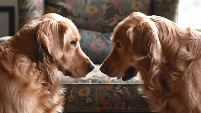 Two Golden Retrievers Looking at Each Other Indoors