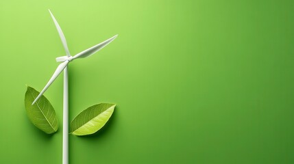 Wind Turbine Concept: A conceptual image of a wind turbine integrated with green leaves against a lush, verdant backdrop, representing sustainability and renewable energy.