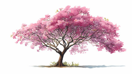 Watercolor Illustration of Pink Trumpet Tree – Blooming Tabebuia Rosea on White Background