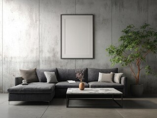 Modern Living Room Features Gray Sectional  isolated on a transparent background