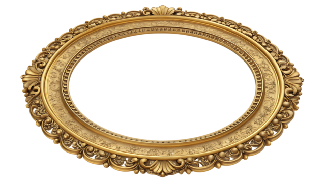 Round frame Victorian age gold on white background PNG. AI GENERATED.