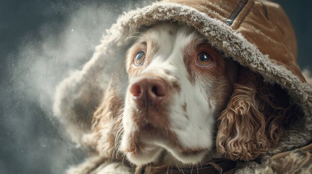 Problem of cold animals. Sad cute adult dog clumber spaniel in winter warm clothes, visible breath from nose and mouth in frosty breeze. Social digital ads - animal care. Puppy frost outfit.