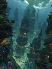 Earth's alternate reality where vast underwater metropolises thrive, with glowing structures and bio-engineered coral environments, a testament to humanity's ingenuity in oceanic living
