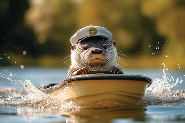 Adorable Otter Captain in a Boat - Whimsical Animal Adventure