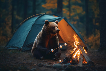 Cozy Bear Roasting Marshmallows at Campfire - Forest Camping Scene