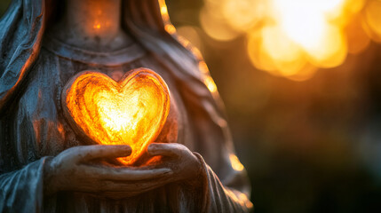 Glowing heart held by statue with warm spiritual light
