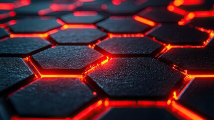 Obraz premium Close-up view of a hexagonal pattern with glowing red accents.