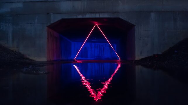 Neon triangle in an urban tunnel reflecting in the water