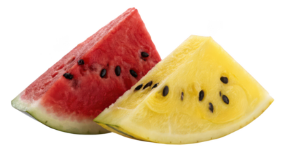 Two triangular watermelon slices red and yellow with seeds yellow watermelon red watermelon