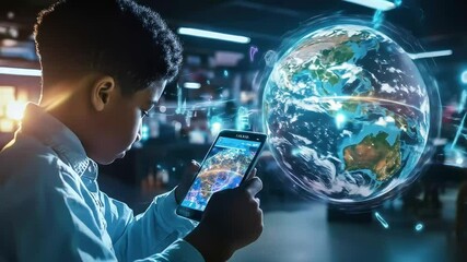 Young boy uses tablet, exploring a digital globe showcasing global connectivity and technology. - Powered by Adobe