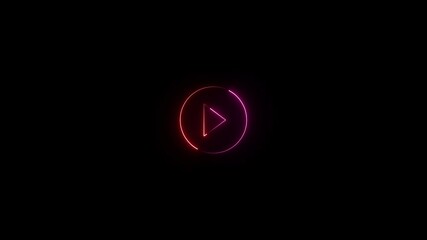 Animated neon play button icon against a dark background displaying digital media interface element