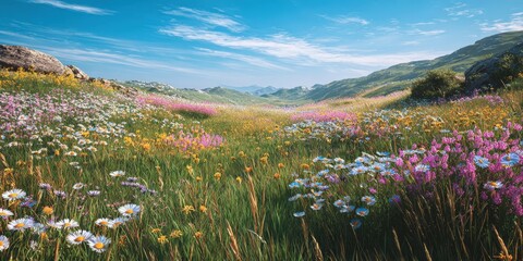 Beautiful Meadow with Blooming Flowers and Rolling Hills Under a Blue Sky