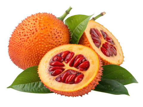 Vibrant Gac Fruit Halved Revealing Red Seeds and Green Leaves momordica cochinchinensis