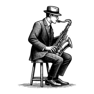 saxophonist playing saxophone, seated, black and white clip art preview