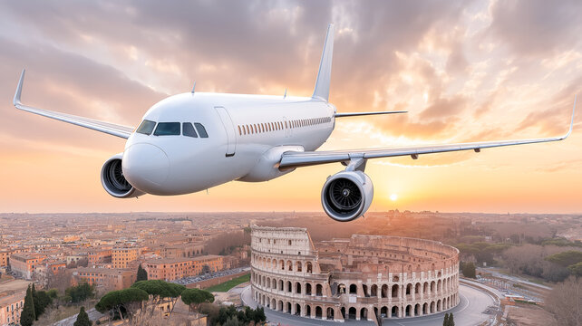 Passenger plane flies over the city at sunset. Travel, international tourism and air transport concept