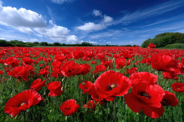 Fototapeta premium Vibrant red poppy field under a bright blue sky with fluffy clouds in mid-summer