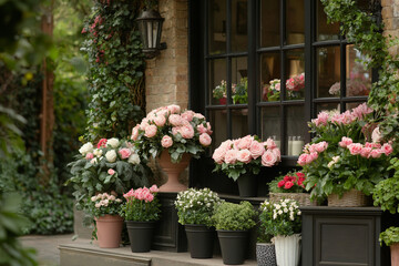 Fresh flower shop display with vibrant blooms outside storefront