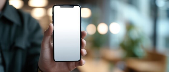 The hand holding a smartphone with a blank screen in a modern cafe setting.