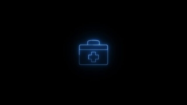 Animated neon first aid kit symbol glowing against a dark background indicating healthcare support and medical assistance.