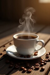 Aromatic Coffee in White Cup with Steam on Wooden Table Surrounded by Coffee Beans