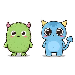 Cute Monster Companions: Two adorable cartoon monsters, one green and furry, the other blue with big eyes, standing side by side, creating a heartwarming scene.