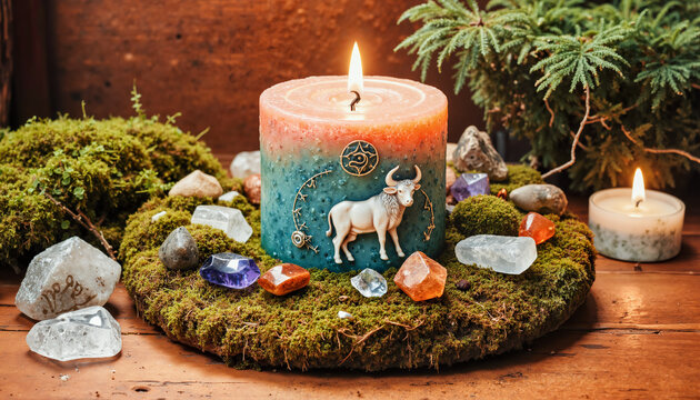 Taurus zodiac candle in a teal and peach gradient on a bed of moss with crystals, in earthy tones, representing an astrology ritual, spiritual wellness, or wiccan altar arrangement.
- Powered by Adobe
