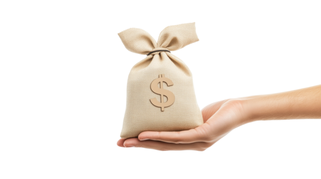Hand Holding Money Bag with Dollar Sign isolated on white or transparent background, png clipart, design element