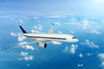 An airplane soars through the sky among fluffy clouds. The aircraft appears to be mid-flight,...